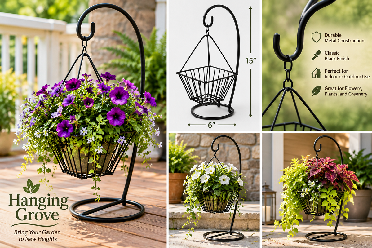 6" × 6" Mini Square Hanging Basket with 15" Stand – Black